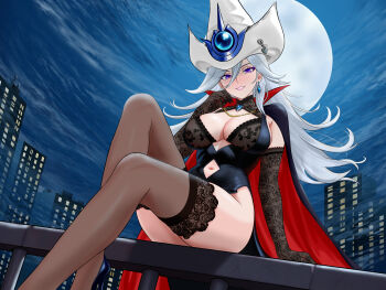 1girl absurdres bertstudent black_gloves black_thighhighs breasts cape cleavage cleavage_cutout clothing_cutout duel_monster earrings elbow_gloves gloves hair_between_eyes hat highres jewelry large_breasts looking_at_viewer moon navel_cutout night night_sky parted_lips purple_eyes silent_magician sitting sky thighhighs two-tone_cape white_hat wizard_hat yu-gi-oh!