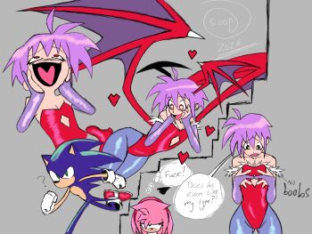 1boy 2girls amy_rose annoyed artist_name bat_wings breasts capcom cleavage confused constricted_pupils covered_navel crossover curvy darkstalkers dated demon_girl english_text gloves green_eyes hairband half-closed_eyes hands_on_own_face happy heart heart-shaped_pupils heart-shaped_tongue highres jealous legs leotard lilith_(darkstalkers) looking_at_viewer looking_down looking_to_the_side looking_up lovestruck multiple_girls open_mouth profanity purple_hair red_eyes rolling_eyes running sega short_hair small_breasts solo sonic_(series) sonic_the_hedgehog symbol-shaped_pupils teeth thick_thighs thighs thinking tomboy tongue wide-eyed wide_hips wings worried