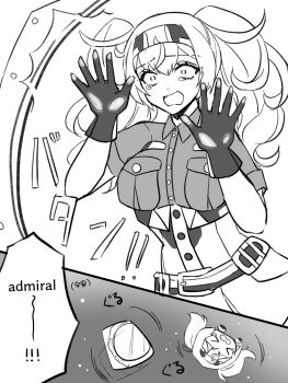 Rule 34 | 1girl, against glass, breast pocket, character doll, collared shirt, doll, gambier bay (kancolle), gloves, greyscale, hairband, highres, kantai collection, long hair, monochrome, nagi kantai114, open mouth, pocket, shirt, solo, twintails, upper body