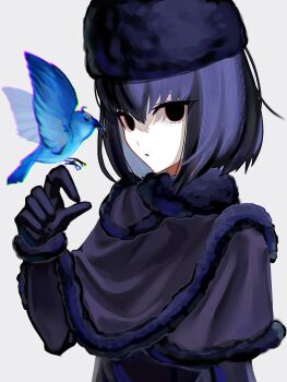1girl bird bird_on_hand black_capelet black_dress black_eyes black_gloves black_hair black_hat blue_bird capelet commentary_request dress gloves hat highres huo_ting kuonji_alice looking_at_viewer lost_robin_rondo mahou_tsukai_no_yoru medium_hair simple_background solo standing upper_body white_background