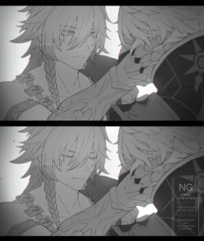 2boys armlet armor black_coat black_shirt braid clawed_gauntlets coat commentary_request earrings facial_tattoo g2n3s2n0 hand_on_another's_face highres honkai:_star_rail honkai_(series) jewelry male_focus medium_hair multiple_boys mydei_(honkai:_star_rail) neck_tattoo necklace open_clothes open_coat pauldrons phainon_(honkai:_star_rail) shirt short_hair shoulder_armor side_braid single_pauldron sun_print sun_symbol sun_tattoo tan tattoo twitter_username watermark yaoi