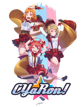 Rule 34 | 3girls, :d, ;d, ^ ^, ahoge, aqua eyes, artist name, beret, black bow, black footwear, bow, bowtie, braid, brown hair, cape, closed eyes, collared shirt, commentary, corset, cyaron! (love live!), english commentary, fingerless gloves, genki zenkai day! day! day!, gloves, grey hair, grin, group name, hair bow, hat, highres, kurosawa ruby, letter pose, loafers, long sleeves, looking at viewer, love live!, love live! sunshine!!, multiple girls, necktie, one eye closed, open mouth, overskirt, plaid clothes, plaid skirt, red bow, red eyes, red gloves, red hair, red hat, red neckwear, red shorts, red skirt, regition, shirt, shoes, short hair, short sleeves, shorts, side braid, signature, single glove, skirt, smile, socks, star (symbol), suspenders, sweatdrop, takami chika, two side up, watanabe you, white legwear, white shirt, wrist cuffs, yellow cape