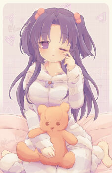 1girl alternate_costume barefoot blue_bow blush border bow breasts clannad commentary commission fur-trimmed_pajamas fur-trimmed_sleeves fur_trim grey_background hair_bobbles hair_ornament hand_up highres ichinose_kotomi konoquro large_breasts long_hair looking_at_viewer on_bed one_eye_closed outline outside_border pajamas parted_lips purple_eyes purple_hair rubbing_eyes simple_background sitting skeb_commission sleeves_past_wrists solo straight_hair striped_clothes striped_pajamas stuffed_animal stuffed_toy teddy_bear twitter_username two_side_up variant_set very_long_hair wariza watermark white_border white_outline