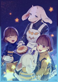 1boy 1girl 2others :d ^_^ absurdres alternate_universe ama_(pixiv_50406250) apron asriel_dreemurr backlighting black_shorts blue_border blue_dress blue_eyes blue_sky blue_sweater blunt_bangs bob_cut border brown_hair chara_(undertale) closed_eyes commentary_request cowboy_shot delta_rune_(symbol) dress fang fangs fingernails food frilled_dress frilled_sleeves frills frisk_(undertale) furry furry_female furry_male goat_boy goat_girl hair_behind_ear highres holding holding_hands holding_plate holding_tray horns kneehighs long_sleeves looking_at_another medium_dress mother_and_son multiple_others night open_mouth outertale pie plate puffy_long_sleeves puffy_sleeves red_eyes short_hair shorts simple_background sky smile socks standing star_(symbol) striped_clothes striped_dress striped_sweater suspender_shorts suspenders sweater tongue toriel tray turtleneck turtleneck_sweater two-tone_dress two-tone_sweater undertale utdr_(toby_fox) vertical-striped_clothes vertical-striped_dress white_apron white_fur white_socks yellow_dress yellow_shorts yellow_sweater