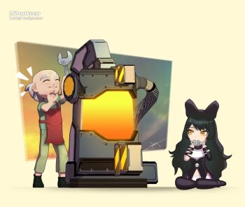 1boy 1girl animal apron balding black_bow black_footwear black_hair blake_belladonna bow closed_eyes eating fish full_body green_pants green_shirt grey_hair holding holding_animal holding_fish holding_wrench long_hair machine notice_lines official_art old old_man pants red_apron rwby shirt shoes shopkeep_(rwby) signature sitting smile standing uyalago wrench wrinkled_skin yellow_eyes