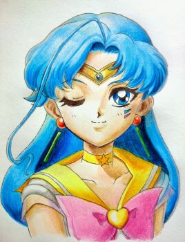 Rule 34 | 1boy, absurdres, bishoujo senshi sailor moon, blue eyes, blue hair, bow, bowtie, choker, closed mouth, collarbone, colored pencil (medium), commentary request, cropped torso, curtained hair, earrings, facial mark, fish eye (sailor moon), gold tiara, highres, jewelry, long hair, looking at viewer, male focus, one eye closed, pink bow, pink bowtie, portrait, rinne-x303, sailor collar, shirt, smile, solo, sphere earrings, star (symbol), star choker, straight-on, traditional media, trap, white shirt, yellow choker, yellow sailor collar
