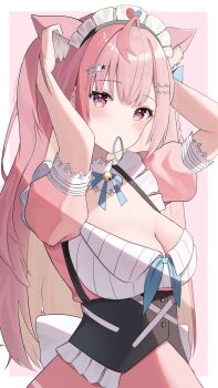 1girl absurdres adjusting_hair ahoge animal_ears bell black_corset blue_bow blue_ribbon blush bow braid breasts cat_ears cat_girl cat_hair_ornament cleavage commentary corset dress extra_ears hair_bow hair_ornament hair_tie_in_mouth hairclip heart heart_print highres indie_virtual_youtuber jingle_bell large_breasts long_hair looking_at_viewer maid maid_headdress masamune-tan mouth_hold neck_bell neck_ribbon pink_background pink_dress pink_eyes pink_hair ribbon short_sleeves solo star_(symbol) star_hair_ornament suspenders two-tone_background virtual_youtuber white_background white_dress yuuki_sakuna yuuki_sakuna_(3rd_costume)