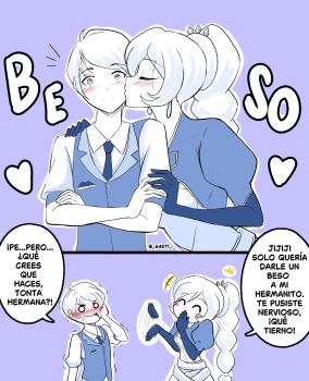 Rule 34 | 1boy, 1girl, 64571, ^ ^, blush, blush stickers, braid, braided ponytail, breasts, brother and sister, closed eyes, closed mouth, crossed arms, earrings, embarrassed, gloves, hair ornament, hand on own cheek, hand on own face, heart, highres, jewelry, kiss, kissing cheek, looking at another, necktie, purple background, rwby, scar, scar across eye, scar on face, siblings, simple background, spanish commentary, spanish text, speech bubble, v-shaped eyebrows, vest, weiss schnee, white hair, whitley schnee
