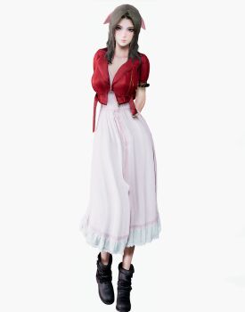 1girl 3d aerith_gainsborough arms_behind_back boots bracelet breasts brown_hair cleavage cropped_jacket dress final_fantasy final_fantasy_vii final_fantasy_vii_remake full_body green_eyes hair_ribbon jacket jewelry long_dress looking_at_viewer medium_breasts own_hands_clasped parted_bangs pink_dress pink_ribbon red_jacket ribbon solo square_enix standing white_background