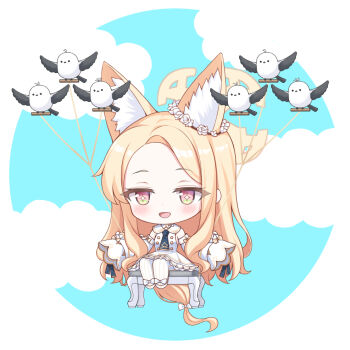 :d animal_ears bird blonde_hair blue_archive chibi flying fox_ears fox_girl long_hair nakaji_(user_snap3353) open_mouth seia_(blue_archive) smile