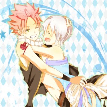1boy 1girl artist_request fairy_tail lisanna_strauss natsu_dragneel pink_hair short_hair smile white_background white_hair