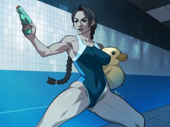 1girl braid braided_ponytail breasts brown_eyes brown_hair cleavage collarbone competition_swimsuit covered_navel exmile lara_croft lips long_hair medium_breasts one-piece_swimsuit parted_hair poolside rubber_duck single_braid solo spread_legs swimsuit thick_thighs thighs tomb_raider toned water_gun