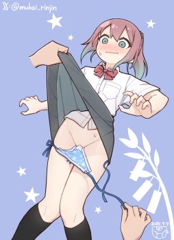 1girl 1other assisted_exposure black_socks blue_background blue_panties blush bow bowtie brown_hair closed_mouth clothes_lift commentary_request dated disembodied_hand double-parted_bangs feet_out_of_frame gradient_hair green_eyes grey_skirt highres humiliation kneehighs knees_together_feet_apart lifting_another&#039;s_clothes long_hair mukai_rinjin multicolored_hair nose_blush original panties panty_pull ponytail print_panties red_bow red_bowtie school_uniform shirt shirt_tucked_in short_sleeves side-tie_panties simple_background skirt skirt_lift socks solo_focus stained_panties standing star_(symbol) star_panties star_print sweat twitter_username underwear untied_panties wavy_mouth white_shirt