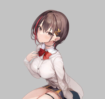 1girl black_choker black_thighlet breasts brown_eyes brown_hair cardigan choker commentary_request danshi_kinsei_game_sekai_de_ore_ga_yarubeki_yuiitsu_no_koto_yuri_no_ma_ni_hasamaru_otoko_to_shite_tensei_shite_shimaimashita earrings hair_ornament haishiki jewelry long_sleeves looking_at_viewer medium_hair multicolored_hair multiple_piercings official_art pleated_skirt red_ribbon ribbon sailor_collar school_uniform shirt sitting skirt solo streaked_hair stud_earrings thighlet tsukiori_sakura white_shirt