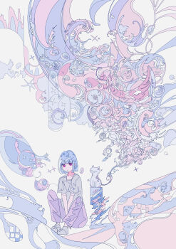 Rule 34 | 1girl, abstract, absurdres, animal, between legs, blue hair, cat, closed mouth, commentary request, dot nose, expressionless, full body, grey shirt, hand between legs, hato (n hat mu), highres, knees up, ligne claire, looking at viewer, original, pants, pink eyes, shirt, short hair, short sleeves, simple background, solo