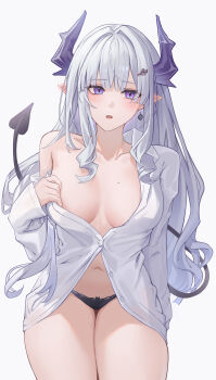 Rule 34 | 1girl, absurdres, blush, breasts, breasts apart, collarbone, commentary, cowboy shot, grey background, grey hair, hair ornament, highres, horns, kinokoneko, large breasts, long hair, looking at viewer, navel, no bra, no pants, open mouth, original, panties, purple eyes, purple horns, purple panties, sidelocks, simple background, single off shoulder, solo, stomach, thighs, underwear