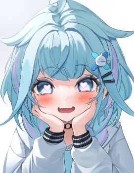 1girl ahoge blue_eyes blue_hair blue_shirt blunt_bangs blush braid choker commentary_request fangs hair_flaps hair_ornament hairclip hands_on_own_cheeks hands_on_own_face heart heart-shaped_pupils highres hololive hololive_dev_is jacket long_sleeves looking_at_viewer low_twin_braids mizumiya_su mizumiya_su_(1st_costume) multicolored_hair o-ring o-ring_choker open_mouth pink_streaks shirt simple_background smile solo straight-on streaked_hair symbol-shaped_pupils tatsu_(tattti2022) teeth twin_braids two-tone_hair upper_body upper_teeth_only virtual_youtuber white_background white_jacket x_hair_ornament