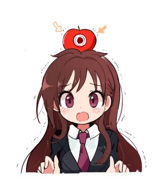 Rule 34 | apple, apple on head, bad id, bad pixiv id, black jacket, blazer, blush, brown hair, collared shirt, commentary, crying, crying with eyes open, food, food on head, fruit, hands up, idolmaster, idolmaster cinderella girls, jacket, long hair, necktie, object on head, open mouth, pink eyes, school uniform, seu 9 (banya), shirt, sidelocks, simple background, solo, target, tearing up, tears, trembling, tsujino akari, white background, white shirt