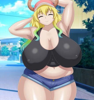 1girl absurdres armpits arms_up black_shirt blonde_hair breasts cleavage closed_eyes cloud coresix cowboy_shot crop_top day denim denim_shorts female_focus green_hair hat highres horns huge_breasts kobayashi-san_chi_no_maidragon long_hair looking_at_viewer lucoa_(maidragon) midriff navel outstretched_arms plump shiny_skin shirt shorts sky smile solo standing thick_thighs thighs wide_hips