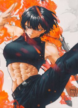1girl abdominal_markings abs absurdres artbypizza artist_name belt belt_buckle black_eyes black_hair bob_cut bone bone_weapon breasts buckle clenched_hand closed_mouth commentary earrings expressionless fiery_background fire flaming_weapon high_kick highres holding holding_bone jewelry kagari_hiyuki kagurabachi kicking leg_up looking_at_viewer medium_breasts midriff navel open_hand pants scar scar_on_stomach short_hair shredded_muscles signature sleeveless smoke sports_bra stud_earrings tomboy turtleneck weapon