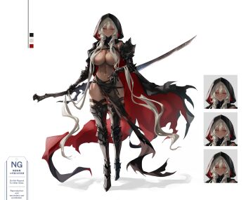 1girl absurdres apt armor armored_boots armpit_crease belt black_cloak black_gloves boots breasts cleavage cloak closed_mouth color_guide full_body gauntlets gloves grey_hair hair_censor hair_over_breasts highres holding holding_sword holding_weapon hood hood_up large_breasts long_hair looking_at_viewer mole mole_under_mouth multiple_expressions multiple_views navel original pauldrons pelvic_curtain red_cloak red_eyes reference_sheet shadow shoulder_armor simple_background smile solo standing sword thigh_boots thighs torn_cloak torn_clothes torn_pelvic_curtain two-tone_cloak underwear vambraces very_long_hair weapon white_background