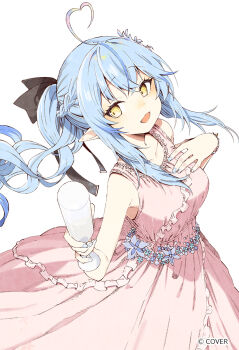 abara_heiki bare_shoulders blue_hair blush breasts collarbone commentary_request cup dress elf highres holding holding_cup hololive large_breasts open_mouth pink_dress pointy_ears simple_background twintails virtual_youtuber white_background yellow_eyes