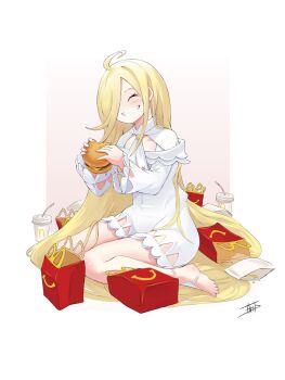 1girl absurdly_long_hair ahoge barefoot blonde_hair burger closed_eyes covered_navel cup disposable_cup dress drinking_straw fast_food food french_fries full_body grin hair_over_one_eye highres holding holding_food long_hair long_sleeves louis_arneb miarin141 re:zero_kara_hajimeru_isekai_seikatsu signature sitting smile solo teeth very_long_hair wariza white_background white_dress