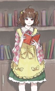 Rule 34 | 1girl, apron, bell, book, bow, checkered clothes, clothing request, frilled apron, frilled skirt, frills, green skirt, hair bell, hair ornament, holding, holding book, japanese clothes, kashiwada kiiho, large bow, motoori kosuzu, neck ribbon, orange hair, reading, red eyes, red ribbon, ribbon, short hair, skirt, solo, standing, touhou, yellow apron, yellow bow