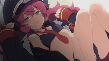 1girl armband black_hat blue_archive blue_halo blush curakuru flat_chest fluffy_hair grey_eyes hair_between_eyes halo hat heavy_breathing highres iroha_(blue_archive) loli long_hair long_sleeves looking_at_viewer military_hat navel necktie parted_lips peaked_cap purple_halo red_armband red_hair red_necktie safety_pin smile solo