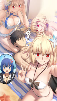 1boy 4girls :q absurdres ahoge anger_vein archetype_earth archetype_earth_(third_ascension) arcueid_brunestud arcueid_brunestud_(mooncancer) besmiled bikini blonde_hair breasts c.i.e.l_(fate) ciel_(tsukihime) cleavage closed_eyes commission doppelganger fate/grand_order fate_(series) flower guy_tired_after_sex_(meme) hair_ornament hand_on_own_head harem highres lap_pillow large_breasts long_hair looking_at_viewer medium_breasts meme multiple_girls multiple_persona mysterious_executor_c.i.e.l_(fate) on_floor on_lap red_eyes resting short_hair smile surprised swimsuit tohno_shiki tongue tongue_out tsukihime tsukihime_(remake) v very_long_hair white_bikini wide_hips