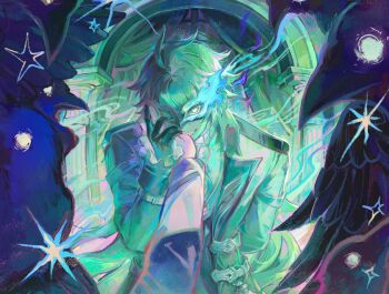 1boy 1other antenna_hair arch arm_behind_back bird black_gloves black_vest blue_coat blue_hair coat column commentary crossed_bangs crow curtains english_commentary eye_mask flins_(genshin_fes_2026)_(genshin_impact) flins_(genshin_impact) frilled_sleeves frills genshin_impact gloves glowing glowing_eyes grin guided_hand_on_cheek hair_between_eyes hand_on_another's_cheek hand_on_another's_face hand_up highres lapels leaning_forward long_hair long_sleeves looking_at_viewer male_focus mask masquerade_mask official_alternate_costume open_clothes open_coat pillar pov reneelric shirt sleeve_cuffs smile solo_focus teeth upper_body very_long_hair vest white_shirt yellow_eyes