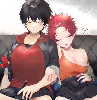 2girls :o arm_at_side armpit_crease bandana bandana_around_arm black_hair black_jacket black_shirt black_skirt blue_jacket breasts choppy_bangs chromatic_aberration cleavage closed_eyes collarbone commentary_request concrete_wall couch cowboy_shot dot_nose drooling earrings fingernails gakuran genderswap genderswap_(mtf) hair_between_eyes hair_slicked_back hand_on_another's_arm hand_on_lap hand_on_own_stomach harai_kuko harai_kuko_(tdd_era) head_on_another's_shoulder hood hood_down hoodie hypnosis_mic indoors jacket jacket_over_hoodie jewelry large_breasts leaning_on_person medium_breasts miniskirt mole mole_under_eye multicolored_jacket multiple_girls nbnekochan off_shoulder on_couch open_clothes open_jacket open_mouth orange_tank_top panties pantyshot parted_lips pleated_skirt raised_eyebrows red_bandana red_hair red_hoodie school_uniform shirt shirt_tucked_in short_hair side-by-side single_off_shoulder skirt skirt_rolled_up sleeping sleeves_rolled_up speech_bubble spiked_hair spread_legs tank_top two-tone_jacket underwear unzipped very_short_hair white_jacket white_panties yamada_ichiro yamada_ichiro_(tdd_era) zipper zipper_pull_tab