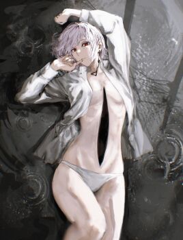 1girl arm_up breasts chainsaw_man collared_shirt earrings fami_(chainsaw_man) grey_hair highres jewelry lying on_back open_clothes open_shirt panties raberu_ruru rain red_eyes ripples shirt short_hair small_breasts solo underwear white_panties white_shirt