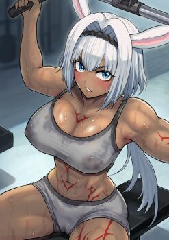 1girl abs absurdres animal_ears arm_tattoo arms_up blue_eyes blush breasts caenis_(fate) cameltoe chest_tattoo cleavage covered_erect_nipples dark-skinned_female dark_skin exercising fate/grand_order fate_(series) grey_shorts hands_up harurukan headband highres large_breasts leg_tattoo long_hair looking_at_viewer midriff muscular muscular_female navel nipples ponytail rabbit_ears shorts solo sports_bra spread_legs stomach_tattoo sweat tan tattoo white_hair
