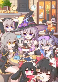 5girls absurdres bare_shoulders black_gloves black_hair black_hat brown_hair closed_eyes crossed_bangs eating flower food fork gloves goggles goggles_on_head grey_eyes grey_hair hair_between_eyes hat hat_flower herta_(honkai:_star_rail) herta_(puppet)_(honkai:_star_rail) highres holding holding_fork honkai:_star_rail honkai_(series) mittens multiple_girls open_mouth purple_eyes silver_wolf_(honkai:_star_rail) smile sparkle_(honkai:_star_rail) sparkling_eyes stelle_(honkai:_star_rail) the_herta_(honkai:_star_rail) trailblazer_(honkai:_star_rail) witch_hat yellow_eyes yoshinao_(yoshinao_0203)