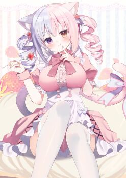 1girl :q absurdres animal_ears apron blush bow bow_apron bowtie breasts cat_ears cat_girl cat_tail center_frills collared_dress commentary_request commission dress drill_hair feet_out_of_frame finger_to_mouth food fork frilled_apron frilled_dress frilled_sleeves frills fruit hands_up heterochromia highres holding holding_fork knees_up large_breasts looking_at_viewer medium_hair multicolored_hair original pink_bow pink_bowtie pink_dress pink_hair pink_wrist_cuffs puffy_short_sleeves puffy_sleeves purple_eyes purple_hair short_sleeves sitting skeb_commission solo split-color_hair strawberry tail tail_bow tail_ornament takepoison thighhighs tongue tongue_out white_apron white_thighhighs wrist_cuffs yellow_eyes