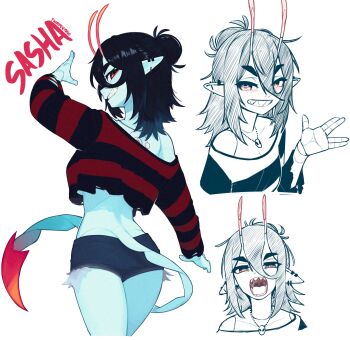 1girl :o absurdres ass black_hair black_sweater denim denim_shorts earrings grin hand_up highres jewelry looking_at_viewer looking_back medium_hair necklace original pointy_ears red_sweater sasha_(yoako) sharp_teeth shorts simple_background single_bare_shoulder smile striped_clothes striped_sweater sweater tail teeth torn_clothes torn_sweater white_background yoako