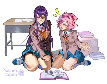 2girls :d arm_support artist_logo artist_name between_legs blazer blue_shoes blue_skirt bob_cut book book_stack bow bowtie box breasts brown_sweater_vest closed_mouth collared_shirt commentary curled_fingers cursive desk doki_doki_literature_club dress_shirt english_commentary eyelashes fang flying_sweatdrops full_body grey_jacket hair_ornament hair_ribbon hand_between_legs highres jacket kneehighs large_breasts logo long_hair long_sleeves looking_at_another multiple_girls natsuki_(doki_doki_literature_club) neck_ribbon notice_lines on_floor open_book open_mouth outline paper pink_eyes pink_hair pleated_skirt purple_eyes purple_hair reading red_bow red_bowtie red_ribbon ribbon school_desk seiza shirt shoes short_hair signature sitting skirt small_breasts smile socks spread_fingers sweater_vest swept_bangs two_side_up uwabaki very_long_hair wermer white_background white_outline white_shirt white_socks x_hair_ornament yuri_(doki_doki_literature_club)