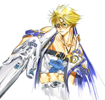1boy bare_shoulders belt blonde_hair blue_nails closed_mouth collarbone commentary_request crop_top cropped_legs cross cross_necklace eyepatch flag gloves green_eyes guilty_gear hair_between_eyes highres holding holding_flag jacket jacket_partially_removed jewelry male_focus muscular muscular_male necklace off_shoulder open_clothes open_jacket pants shirt short_hair simple_background sin_kiske solo storyteller777 white_background white_gloves white_jacket white_pants white_shirt