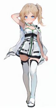 1girl absurdres arm_behind_head arm_up blonde_hair blue_eyes boots breasts commentary dress english_commentary full_body highres mid-stride orkastle ponytail scarf short_dress side_ponytail sleeveless sleeveless_dress small_breasts solo standing thigh_boots thighhighs wangyq white_background yuriel_(orkastle) zettai_ryouiki