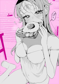 1girl absurdres babydoll bacon barefoot blush bread bread_slice breasts commentary_request eyelashes facial_mark food forehead_mark fried_egg fried_egg_on_toast greyscale_with_colored_background highres koi_to_senrigan_to_aonisai long_hair ouchi_kaeru pink_theme solo speech_bubble strap_slip toast translation_request