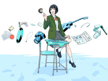 Rule 34 | 1girl, apple, black hair, black shoes, book, camera, chair, cup, desk, food, fruit, frying pan, green jacket, guitar, hedgehog, highres, instrument, jacket, microphone, open mouth, original, paper, shirt, shirt tucked in, shoes, short hair, sitting, smile, socks, solo, tanaka hirotaka, white shirt, white socks, wide shot