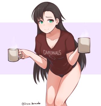 1girl arizona_(azur_lane) arizona_cardinals artist_name azur_lane black_hair black_panties breasts cleavage coffee_mug collarbone cup disco_brando female_focus green_eyes highres holding holding_cup leaning_forward long_hair looking_at_viewer medium_breasts morning_after mug name_connection national_football_league no_pants panties shirt short_sleeves simple_background smile solo t-shirt thighs twitter_username underwear very_long_hair