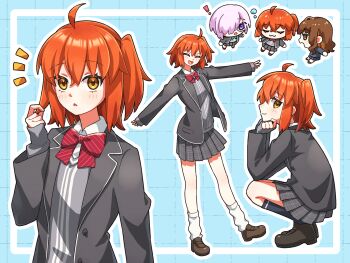 Rule 34 | 3girls, :3, :o, ahoge, arm warmers, blazer, bow, bowtie, brown eyes, brown hair, brown shoes, card (medium), chibi, closed eyes, collared dress, commentary request, dress, fate/grand order, fate (series), fujimaru ritsuka (female) (sign of spring), full body, green bow, green bowtie, hair between eyes, highres, jacket, kishinami hakuno (female), kishinami hakuno (female) (sign of spring), long sleeves, looking at viewer, loose socks, mash kyrielight (sign of spring), miniskirt, multiple expressions, multiple girls, multiple views, notice lines, open mouth, orange hair, pleated skirt, purple dress, purple eyes, red bow, shirt, shoes, side ponytail, sidelocks, sideways mouth, skirt, smug, socks, squatting, standing, striped clothes, striped shirt, yellow eyes, yotaaaaka