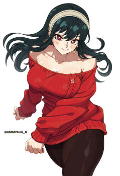 1girl absurdres artist_name bare_shoulders bilingual_commentary black_hair black_pantyhose breasts bright_pupils closed_mouth collarbone commentary cowboy_shot dress earrings grey_hairband hairband highres jewelry komatsuki_n large_breasts long_hair looking_at_viewer mixed-language_commentary off-shoulder_sweater off_shoulder pantyhose red_eyes red_sweater simple_background smile solo spy_x_family sweater sweater_dress twitter_username white_background white_pupils yor_briar