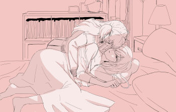 2girls bedroom closed_eyes codeyamada dress hand_on_another&#039;s_face highres hinomori_shizuku lamp long_hair lying mole mole_under_mouth momoi_airi monochrome multiple_girls on_bed on_side parted_lips pillow plant pleated_skirt potted_plant project_sekai skirt sweater two_side_up yuri