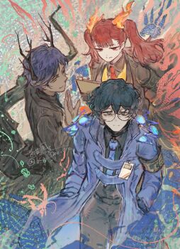 1girl 2boys aedd_(e.g.o) alyssa_(project_moon) ardor_blossom_star_(e.g.o) armband bags_under_eyes black_coat black_gloves black_pants black_shirt blue_coat blue_hair blue_necktie clipboard closed_mouth coat collared_shirt dark-skinned_male dark_skin e.g.o_(project_moon) fiery_clothing fire fire_hair_ornament glasses gloves hands_in_pockets hashtag-only_commentary highres hohenheim_(project_moon) holding holding_clipboard horns id_card kalliope_orc lantern_(e.g.o) limbus_company long_hair long_sleeves looking_at_viewer marton_(project_moon) multiple_boys nail_(hardware) necktie open_clothes open_coat pants project_moon red_hair red_necktie round_eyewear shirt short_hair smile twintails yellow_eyes