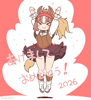 1girl animal_ears arms_up boots brown_hair chestnut_thoroughbred_(kemono_friends) closed_eyes coroha dress extra_ears full_body hair_ornament hat horse_ears horse_girl horse_tail jumping kemono_friends kemono_friends_3 long_hair neck_ribbon ponytail red_background ribbon shirt simple_background skirt solo tail