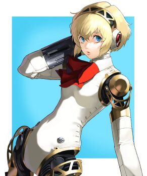 1girl absurdres aigis_(persona) android asdf_4532 blonde_hair blue_background blue_eyes border bow breasts commentary_request cowboy_shot dutch_angle gold_hairband hair_between_eyes hairband hand_on_own_neck hand_up hashtag-only_commentary highres joints looking_at_viewer medium_breasts outside_border parted_lips persona persona_3 red_bow robot_ears robot_joints short_hair sidelocks solo white_border