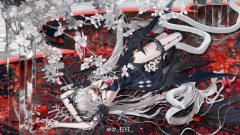 Rule 34 | 1girl, absurdres, apple, asymmetrical legwear, black dress, bug, butterfly, covered mouth, dress, flower, food, fruit, grey eyes, highres, holding, holding own hair, insect, looking at viewer, luna: oblivion (tainted moonrise) (pgr), luna (pgr), lying, official alternate costume, on back, punishing: gray raven, red pupils, snake, solo, twintails, watermark, weibo username, weibo watermark, white flower, white hair, youamo